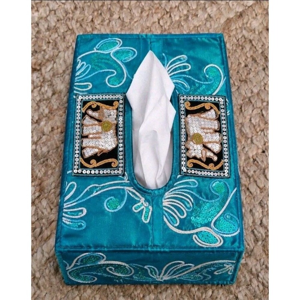 Tissue Kleenex Box Cover Thai Silk Reed Elephant Teal/Black Beige Home Decor